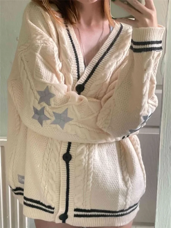 Maglioni larghi con stella ricamata vintage per donna Cardigan lavorato a maglia oversize monopetto a maniche lunghe Taylor Top a maniche lunghe 2