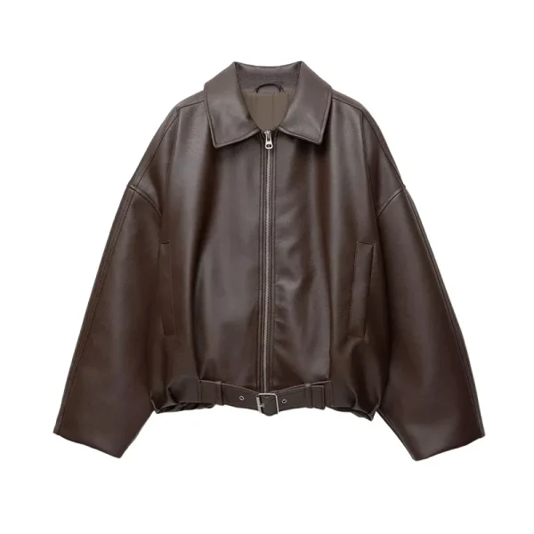 Colletto alla coreana Giacca corta in pelle da donna Cerniera Solido monopetto Manica intera Cintura con risvolto Cappotto 2025 Autunno Lady Chic Outwears 5