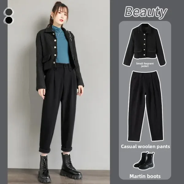 Pantaloni di lana dimagranti a vita alta per donna Autunno Inverno Pantaloni Harlan casual a gamba dritta larghi Stile nonna 2