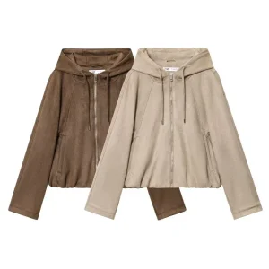 Giacca da pilota con cappuccio da donna Cappotto con cerniera calda con superficie in pelle scamosciata Top casual con cappuccio alla moda a maniche lunghe e vestibilità ampia 1