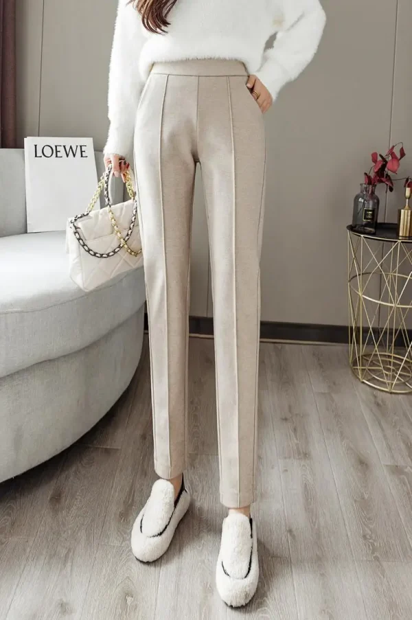 Pantaloni di lana Pantaloni a matita Harem da donna 2024 Autunno Inverno Vita alta Addensare Pantaloni da abito in velluto Pantaloni da donna da ufficio 1