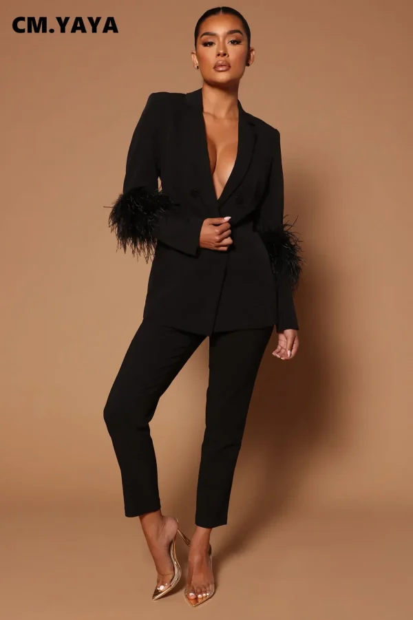 CM.YAYA Vintage Women Fur Hem manica lunga Blazer Suit and Pants 2023 Chic OL Fashion due 2 pezzi Set outfit tuta Basic 4