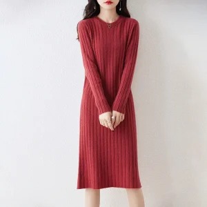 Abito in maglia di pura lana al 100% Gonna maglione sottile al ginocchio autunno e inverno da donna con gonna a fondo 1