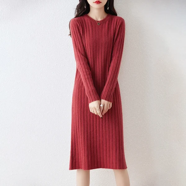 Abito in maglia di pura lana al 100% Gonna maglione sottile al ginocchio autunno e inverno da donna con gonna a fondo 1