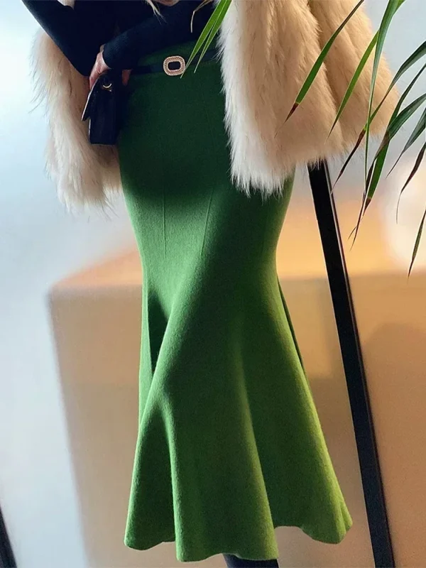 Gonne da donna 2025 Autunno Inverno Moda Gonne lunghe lavorate a maglia per le donne Verde Vintage Slim Office Lady A-LINE Gonna a coda di pesce 4