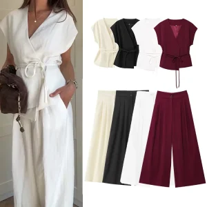 TFMLN Pantaloni da donna alla moda Abiti senza maniche con scollo a V Top con cintura Pantaloni dritti Set 2025 Primavera Estate Pendolari Set da 2 pezzi 1