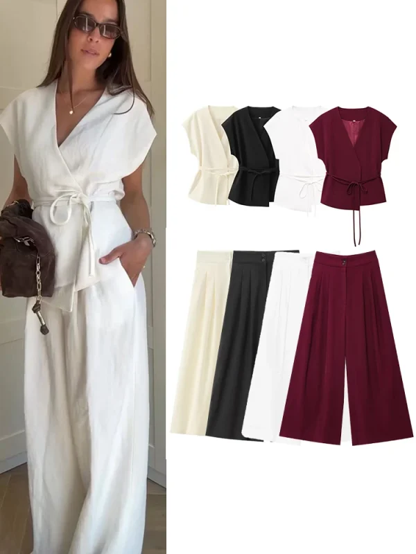 TFMLN Pantaloni da donna alla moda Abiti senza maniche con scollo a V Top con cintura Pantaloni dritti Set 2025 Primavera Estate Pendolari Set da 2 pezzi 1