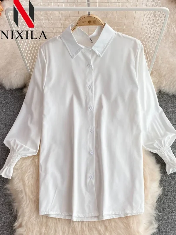 Set da donna chic in 2 pezzi che riduce l'età, camicia bianca a maniche lunghe, maglione, vestibilità ampia, gilet in maglia, pullover, moda primavera autunno 6