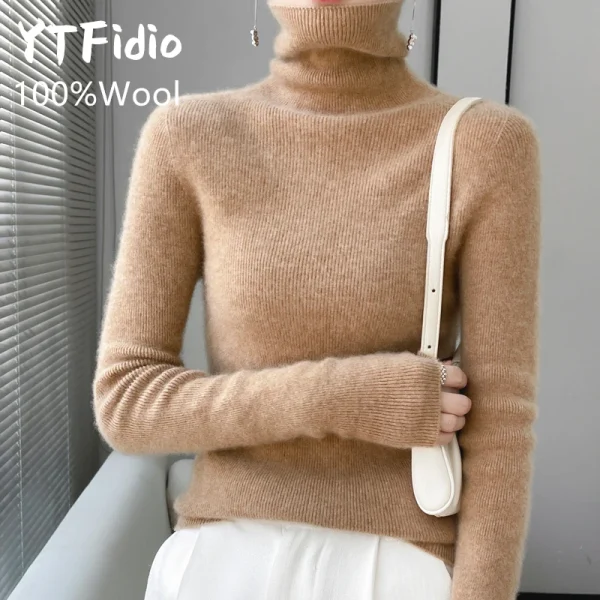 YTFidio 100% lana donna collo a pelo a righe colletto a pelo maglioni a maniche lunghe Pullover solido maglieria Basic 99 2