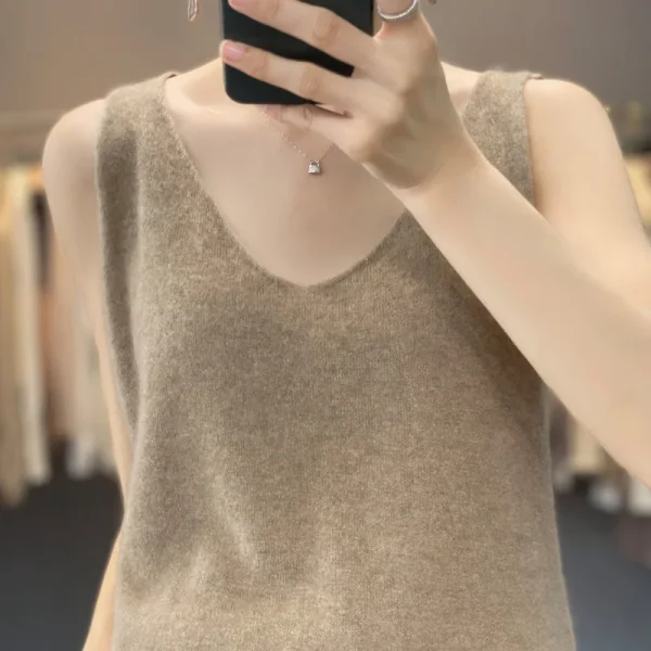 Basic 100% lana merino tinta unita gilet con scollo a V maglione pullover in cashmere senza maniche donna comoda moda abbigliamento morbido top 2