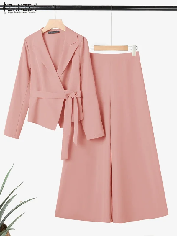 ZANZEA Elegante 2 Pezzi Set di Pantaloni a Maniche Lunghe con Cintura Giacca Leggera e Pantaloni a Gamba Larga 2 Pezzi Abiti da Ufficio Set da Pendolarismo da Donna 5