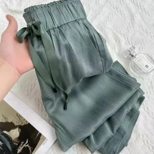 Pantaloni a gamba larga stretta in seta verde ghiaccio menta Donna Estate sottile Nuovo taglio dritto allentato Pantaloni anti-zanzara drappeggiati a vita alta 1
