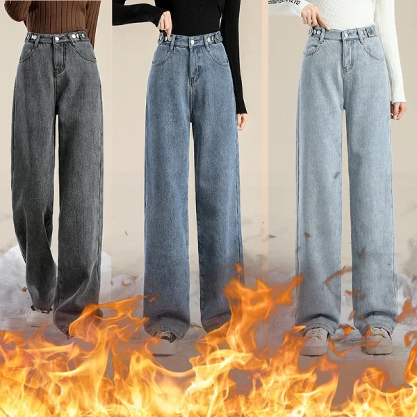 Donna Vita alta Streetwear Jeans addensati Pantaloni larghi moda femminile Lady Nero Grigio Azzurro Blu Punk Pantaloni in denim termico 1