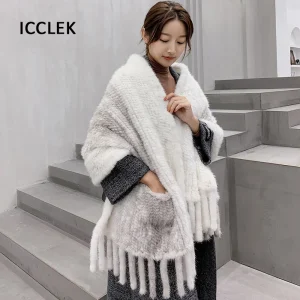 Scialle di pelliccia di visone Donna Inverno Caldo di lusso Sciarpa di pelliccia di grandi dimensioni Sciarpe di pelliccia lavorate a maglia da donna Avvolge Scialli da sposa per feste serali 1