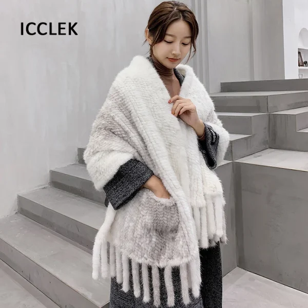Scialle di pelliccia di visone Donna Inverno Caldo di lusso Sciarpa di pelliccia di grandi dimensioni Sciarpe di pelliccia lavorate a maglia da donna Avvolge Scialli da sposa per feste serali 1
