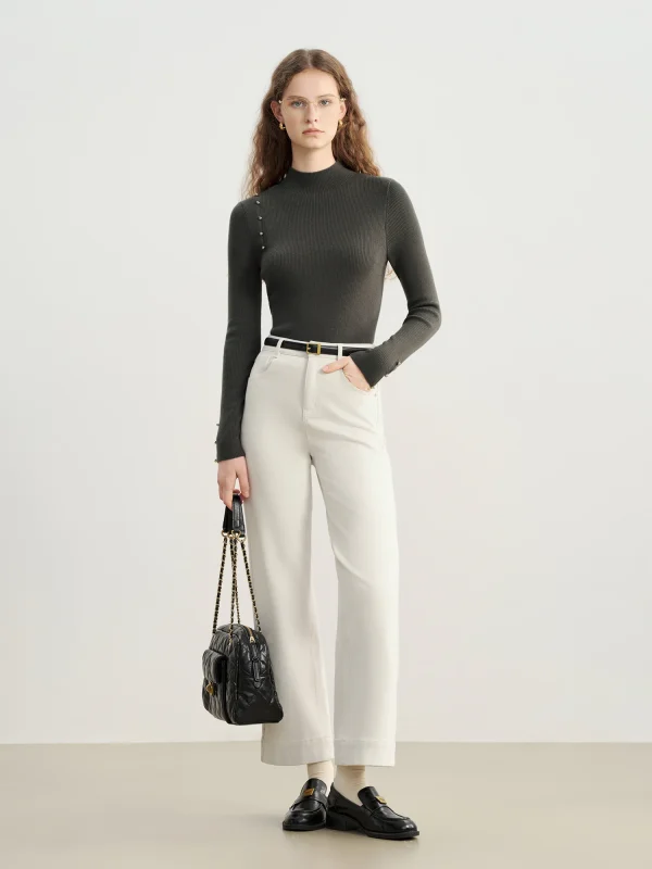 ZIQIAO 2025 Autunno/Inverno Nuovo Arrivo Elastico Bianco Faux Denim a Vita Alta Gamba Dritta Ritagliata Pantaloni Casual per Le Donne Petite 3