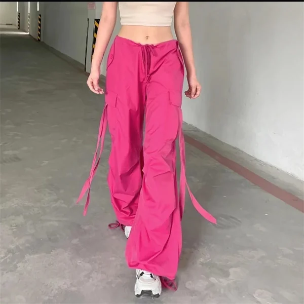 Pantaloni cargo rossi Pantaloni casual da donna Pantaloni hip-hop larghi a vita alta Pantaloni punk coreani Pantaloni con tasche capri divertenti Femme 2