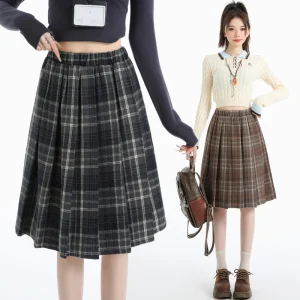 Gonna scozzese a pieghe in lana stile preppy Donna Autunno Inverno Retro Elastico a vita alta Gonne Donna giapponese A Line Faldas 2025 Nuovo 1