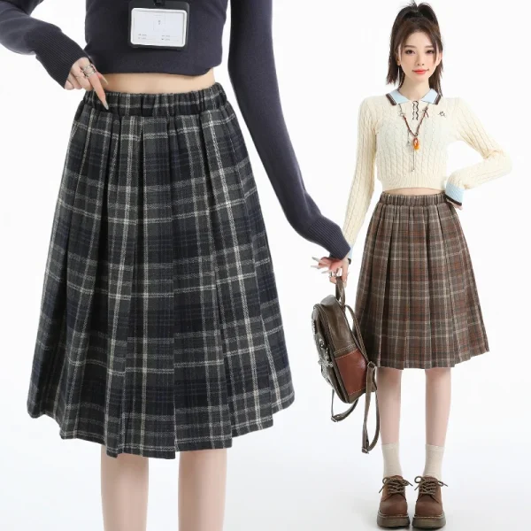 Gonna scozzese a pieghe in lana stile preppy Donna Autunno Inverno Retro Elastico a vita alta Gonne Donna giapponese A Line Faldas 2025 Nuovo 1