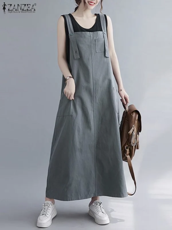 ZANZEA Spalline Regolabili Abiti 2023 Donne di Estate Senza Maniche Maxi Vestito di Moda Abbigliamento Da Lavoro Tasche Abiti Streetwear 4