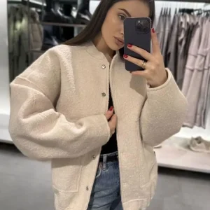 Moda donna con tasche giacca bomber oversize cappotto vintage manica lunga bottone a pressione capispalla femminile top chic 1