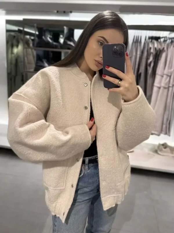 Moda donna con tasche giacca bomber oversize cappotto vintage manica lunga bottone a pressione capispalla femminile top chic 1