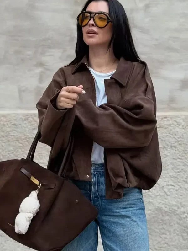 HH Cappotti da donna con trama in pelle scamosciata allentata solida moda di strada causale maniche lunghe a pipistrello bavero cerniera volare giacche vintage invernali 5