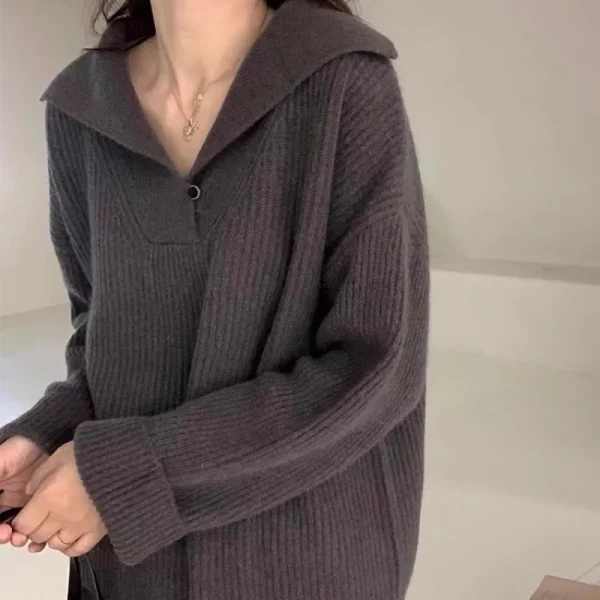 2025 Maglione lavorato a maglia strutturato con colletto blu scuro alla moda da donna Top casual pullover morbido e caldo stile pigro invernale 5
