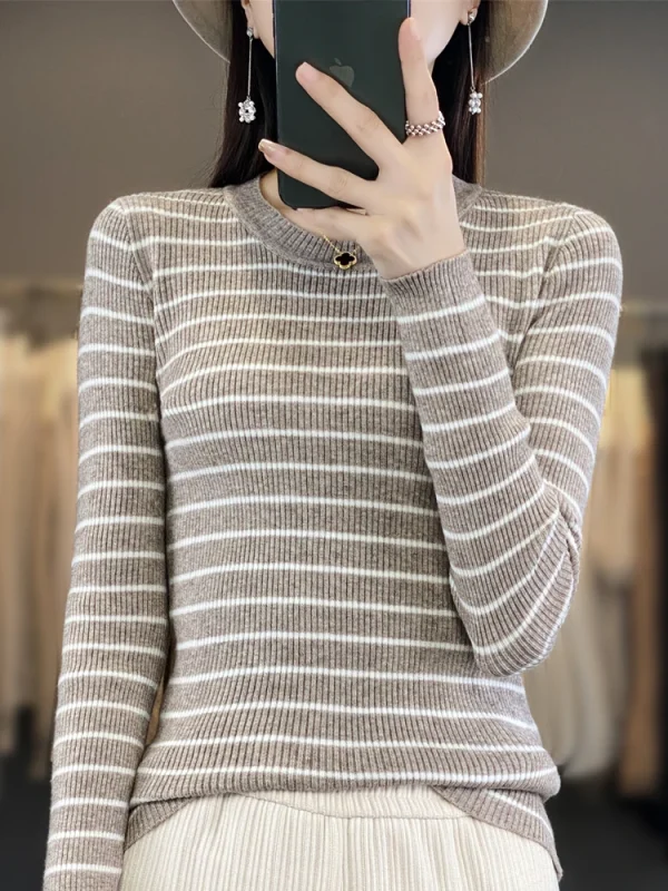 Maglione da donna O-Collo a maniche lunghe a righe Pullover caldi Autunno Inverno Maglione lavorato a maglia Camicie coreane alla moda primaverile 4