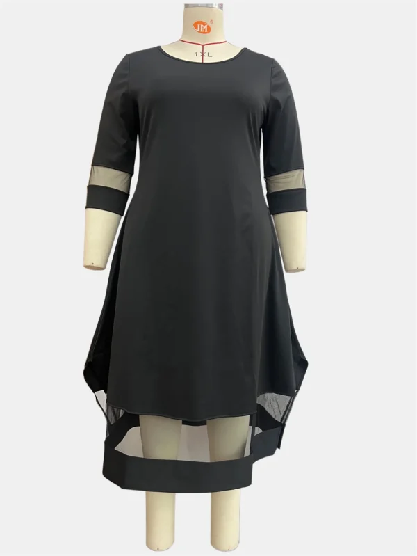 GIBSIE Plus Size nero contrasto maglia Splicing abito lungo donna estate o-collo manica 3/4 elastico lavorato a maglia eleganti abiti a trapezio 3