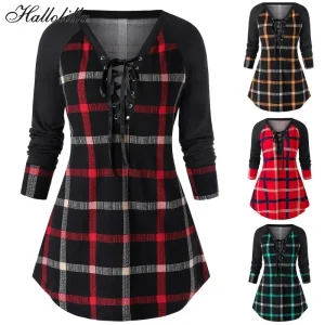 Grande sconto T-Shirt lunga donna allentata Casual T-Shirt scozzese femminile Blusa Feminina Tshirt abbigliamento donna top Tee Camisas Mujer 1