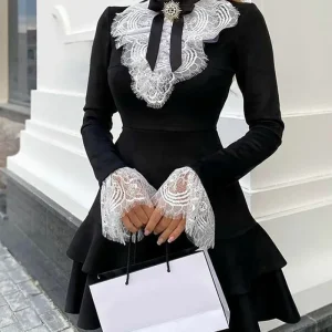 2025 Abito da donna elegante sexy a maniche lunghe in pizzo con maniche a campana e volant OL Mini abito classico patchwork romantico 1
