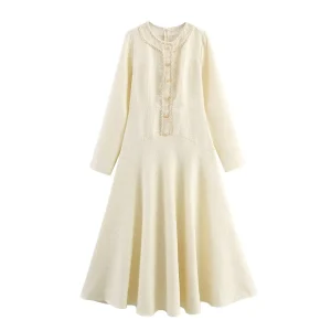 Abito lungo da donna autunno 2025 Abito francese a maniche lunghe con scollo tondo e fiammato 1