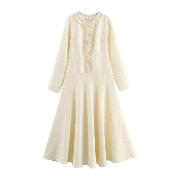 Abito lungo da donna autunno 2025 Abito francese a maniche lunghe con scollo tondo e fiammato 1