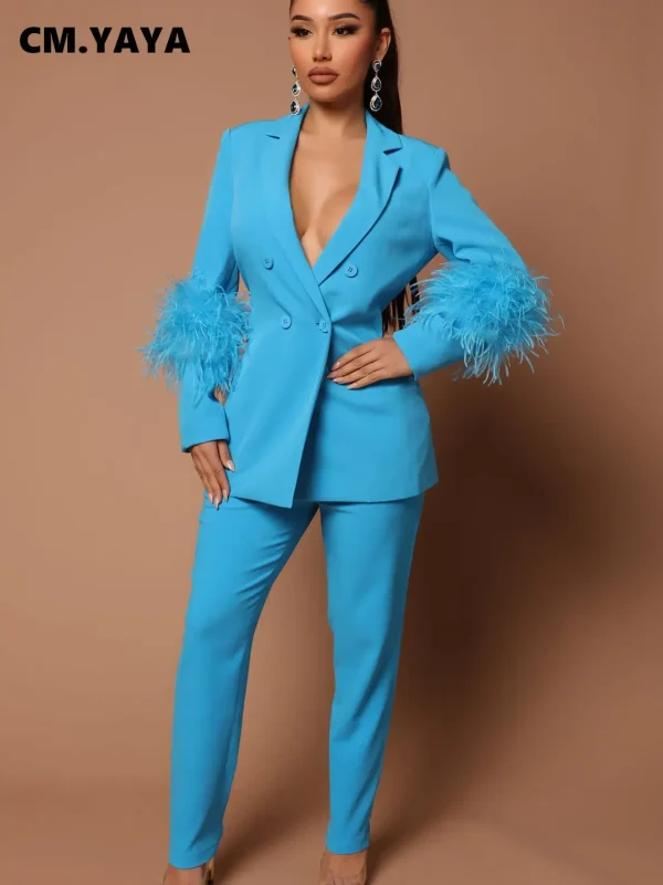 CM.YAYA Vintage Women Fur Hem manica lunga Blazer Suit and Pants 2023 Chic OL Fashion due 2 pezzi Set outfit tuta Basic 1