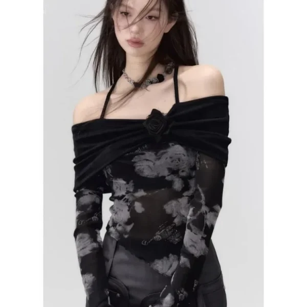 Nero falso due pezzi con spalle scoperte top donna autunno New Slim Fit Halter Print Tee Shirt Y2k E-Girl t-Shirt a maniche lunghe 5