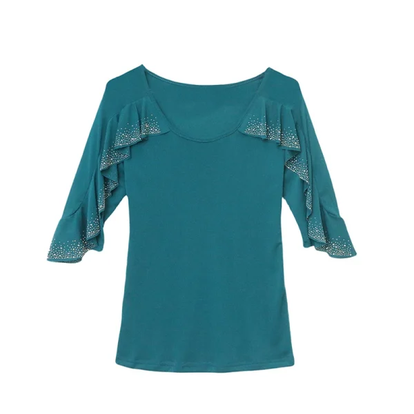 2025 Primavera Estate Maglia Top Moda coreana Girocollo Patchwork Foglia di loto Increspature Camicia Hot Diamond Donna T Shirt 6