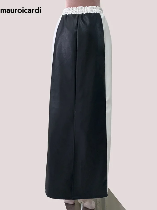 Lautaro Autunno Inverno Bianco e nero Patchwork Pu Pelle Gonna lunga fino al pavimento Donna con coulisse Abiti in vita elastica 2025 5