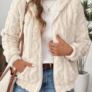 VigoCasey 2025 Giacca da donna autunno bianco con cerniera Cappotto caldo in peluche spesso a maniche lunghe bianco Cappotto invernale morbido da donna corto con cappuccio 1