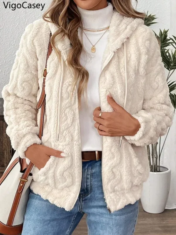 VigoCasey 2025 Giacca da donna autunno bianco con cerniera Cappotto caldo in peluche spesso a maniche lunghe bianco Cappotto invernale morbido da donna corto con cappuccio 1