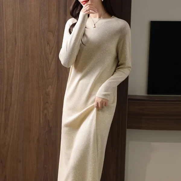 Autunno e inverno nuovo girocollo lungo caldo gonna dritta abito maglione con gonna in maglia di lana tinta unita da donna 2