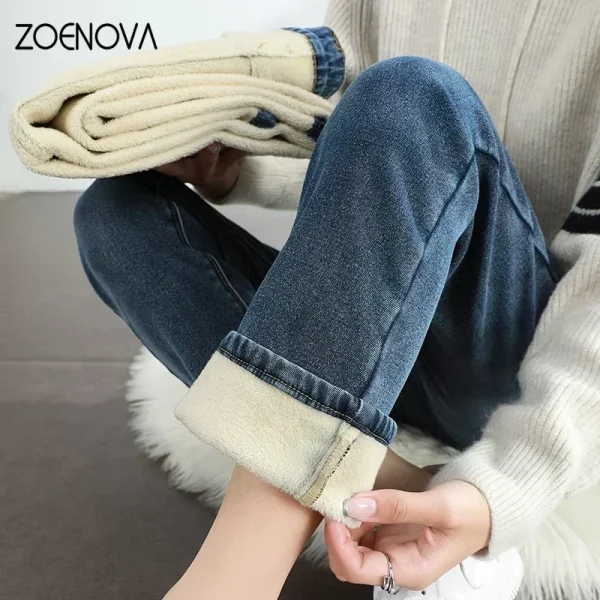 ZOENOVA Jeans caldi in pile invernale da donna Pantaloni in denim caldo ispessito in cotone elastico dritto sottile retrò Abbigliamento femminile di moda 3