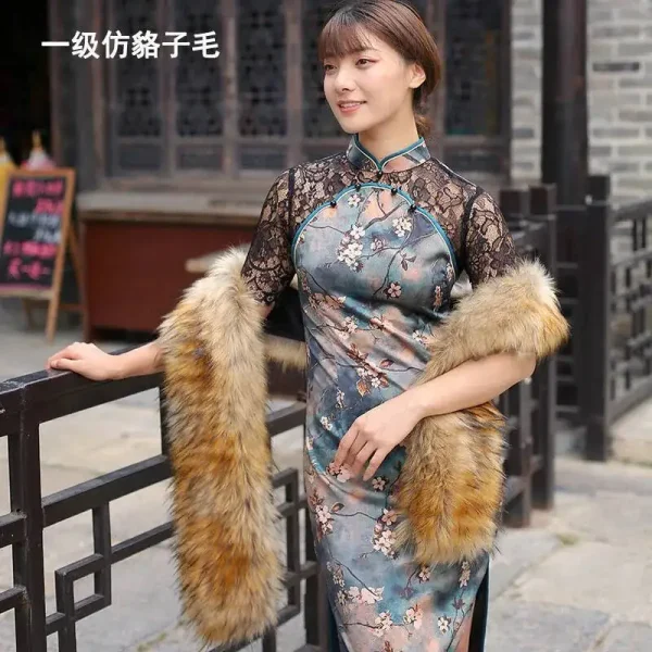 Sciarpa in pelliccia sintetica da 180 cm Colletto peloso invernale Morbido lungo scialle in peluche Scaldacollo Moda donna Sciarpe soffici Decorazione di abbigliamento 6