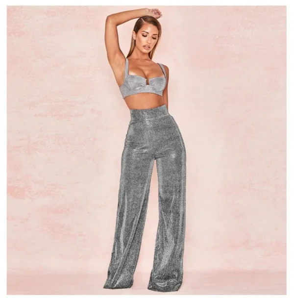 Pantaloni Sexy Glitter a vita alta autunno inverno Outfit donna argento scintillante Flare pantaloni con paillettes Party Night Clubwear 2024 5
