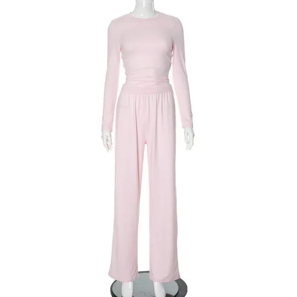 Pantaloni basic casual plissettati solidi appraenti Set girocollo manica lunga Top moda sportiva stile pantaloni a gamba larga a vita alta 5