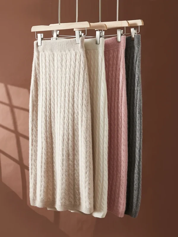 Autunno Inverno 100% Gonna in cashmere Donna Soild a metà polpaccio Vita alta Twist Flower Fit Abito lavorato a maglia dimagrante Leggero Lusso Elegante 6