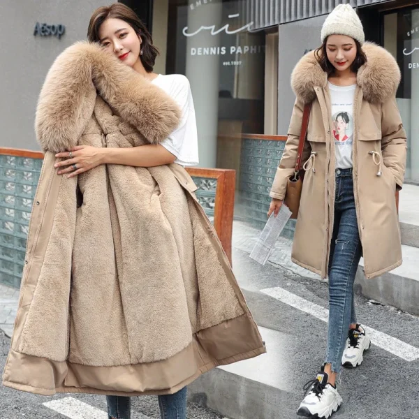Parka invernale 2024 nuove donne giacca vestiti cappotto lungo fodera in lana giacca con cappuccio collo di pelliccia spesso caldo abbigliamento da neve moda Parka 4