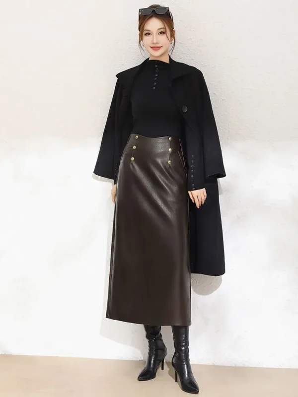 ZUZK Chic nuove gonne aderenti in pelle PU gonna dritta donna autunno inverno elastico a vita alta semplice versatile gonna lunga in PU 5