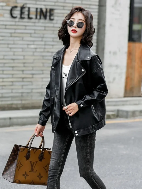 Autunno Inverno Moda Donna Tinta unita Capispalla causale allentato Giacche in pelle PU nera Giacche in ecopelle per moto europea 4