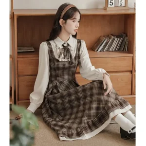 Abito scozzese stile francese Donna Primavera Autunno Falso in due pezzi con fiocco Abiti lunghi Abiti eleganti da festa vintage 1